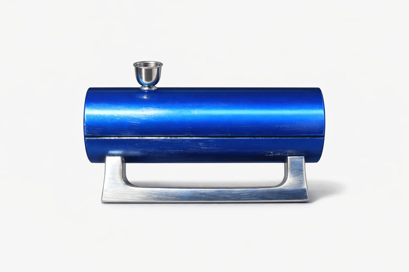 Blue finish metal tobacco pipe with metal stand-style base.